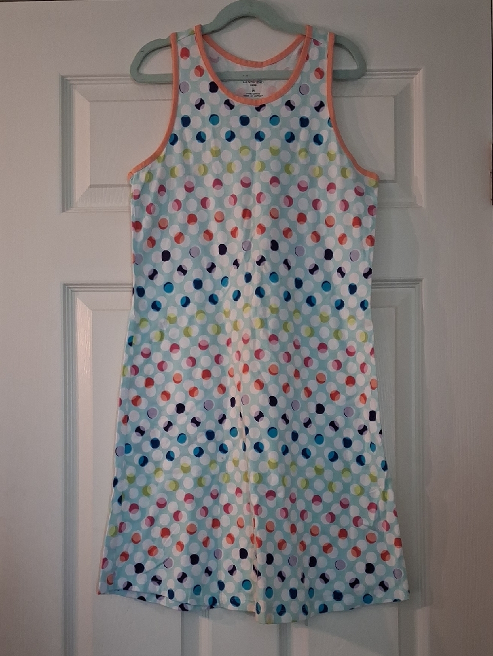 Lands' End Girls White Sleeveless Dress with Multicolor Polka Dots